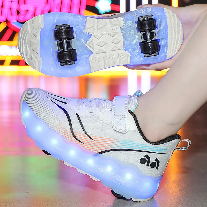 

Детские повседневные кроссовки, осень 2023, новый дизайн с красным кроликом, студенческие уличные четырехколесные роликовые коньки со светодиодной подсветкой