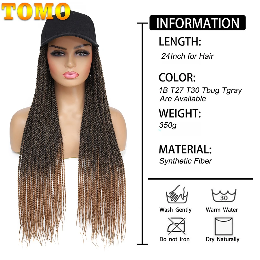 TOMO Baseball Cap with Senegalese Twist Hair for Women 24Inch Long Synthetic Crochet Hair Extensions with Adjustable Hat Wig