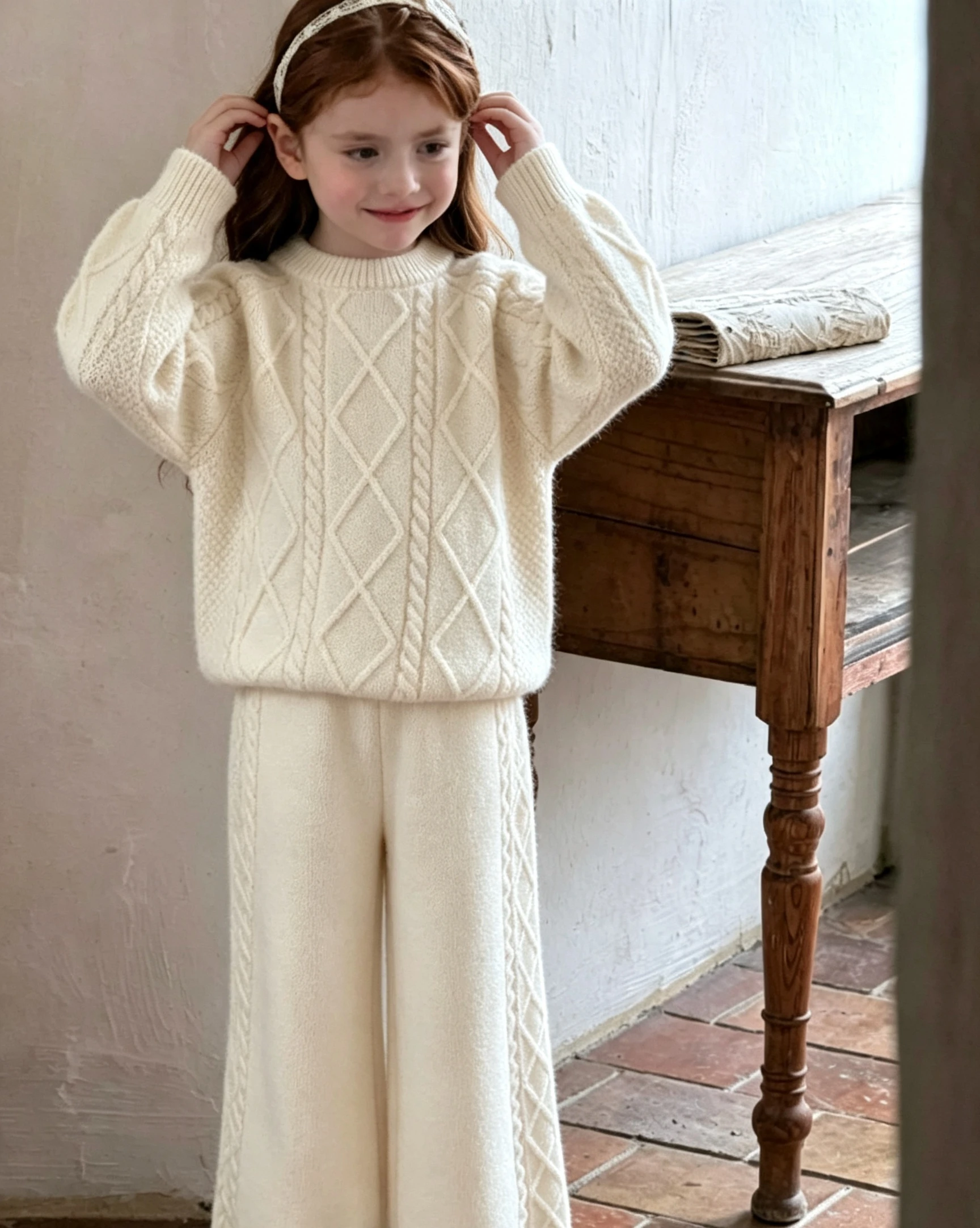 2026 Spring and Autumn Korean Girls' Retro Twisted Flower Knitted Yarn Set Girls Baby Sweater Pants Casual Two Piece Set