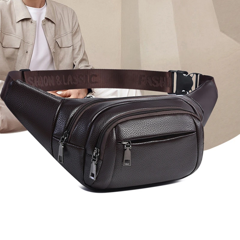 

Men's Chest Bag Multi-Compartments PU Waist Bag Male Outdoor Sports Cycling Belt Bag Fashion Travel Large Capacity Crossbody Bag