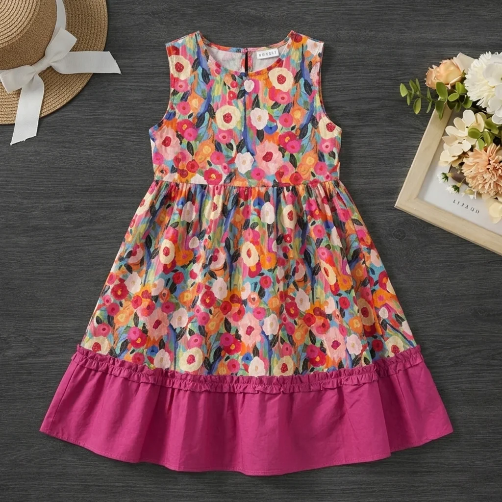 Dresses For Girls Sleeveless Floral Print Summer Sundress Casual Everyday Ruffle Kids Clothes Colorful Flower Dress 6-12 Years