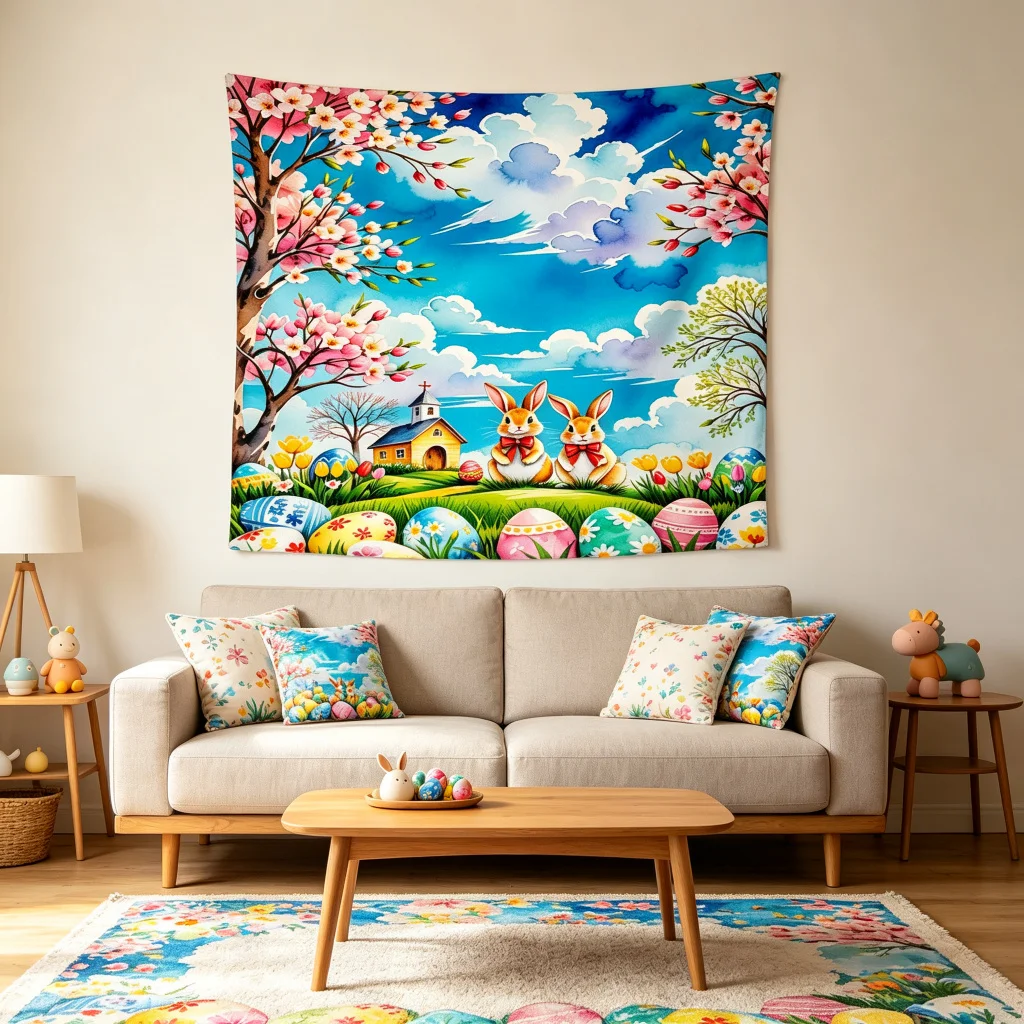 1PC Easter Rabbit Church Art Print Backdrop Banner, Bedroom Living Room Photo Background, Polyester, Home Decor, Wall Art