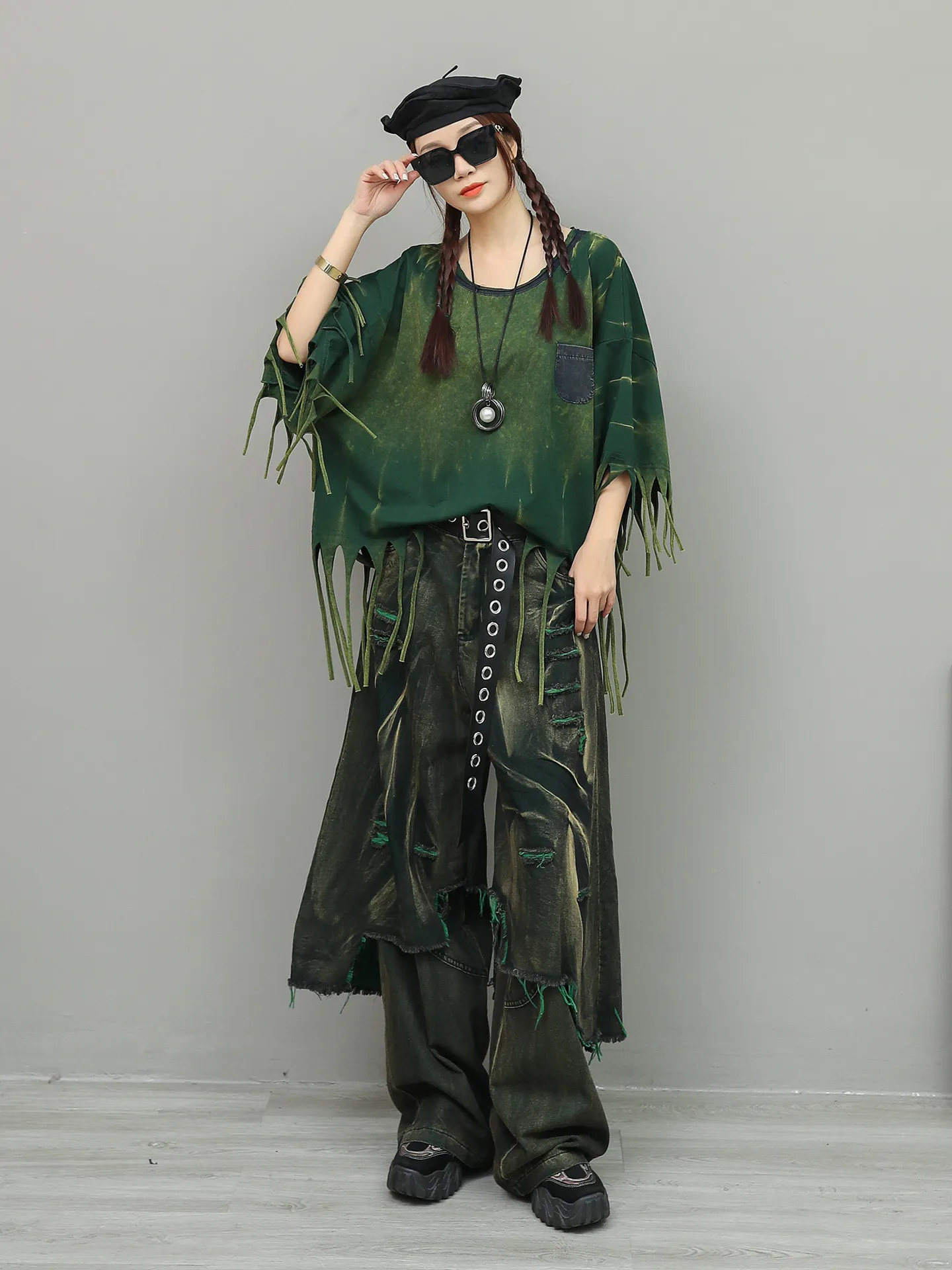 Personalized Vintage Tassel Short Sleeved T-shirt Fringed Edges Denim Fake Wide Leg Pants Two-piece Set Women's Fashion Suit