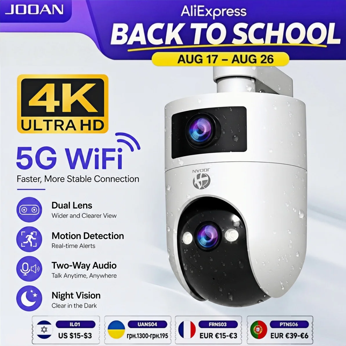 Câmera IP WiFi 4K JOOAN para Exterior com Tela Dupla, Zoom 5X, Detecção de Movimento, Câmera PTZ para Segurança Residencial e Vigilância por Vídeo