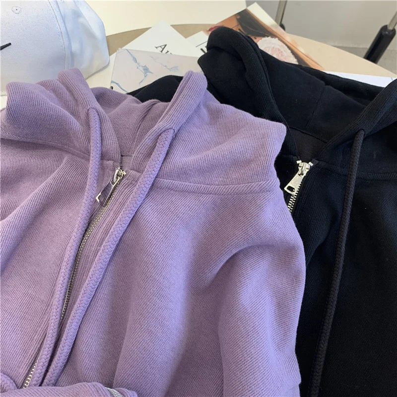 Korean Style Purple Hooded Cardigans Coats Women Loose Casual Thin Zipper Hoodies Fashion Trend All-matched Drawstring Coats