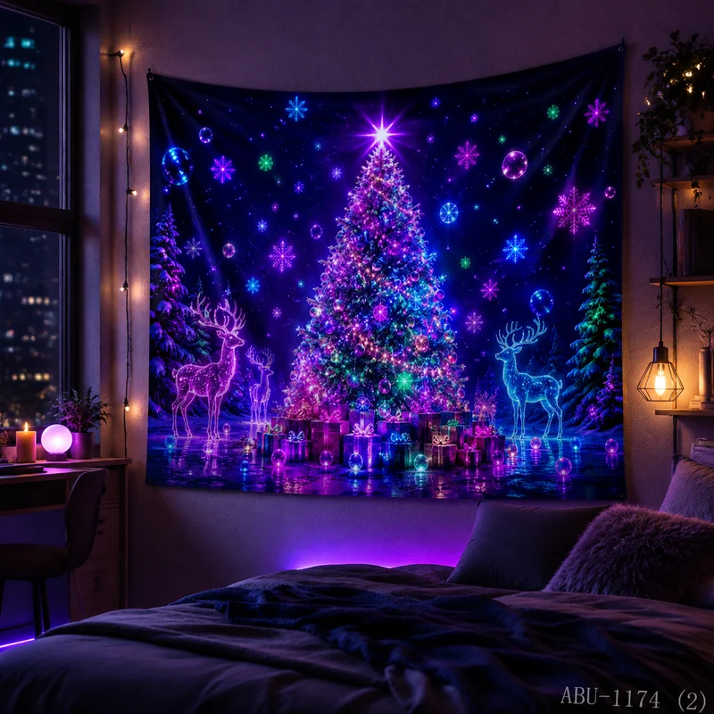 VIKAMA Neon Purple Blue Tree Reindeer Gift Snowflake Bubble Forest Christmas Tapestry Bedroom Living Room Dorm Home Decor Fresh