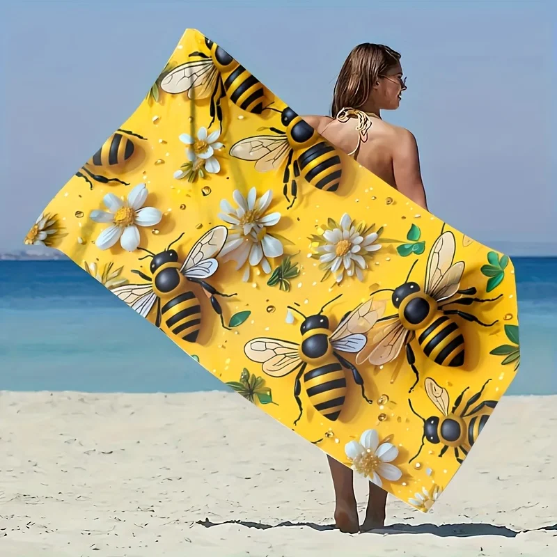 1PC Daisy Print Bee Theme Beach Towel, Summer Essential for Beach Pool Camping Yoga Travel