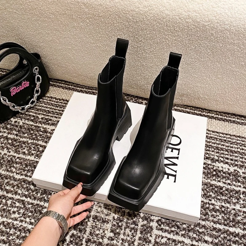Botas desnudas de cuero genuino para mujer, nuevas botas Chelsea de tacón grueso con punta cuadrada, botas cortas de tacón alto, botas de moda de