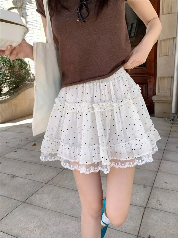 

Sweet Lace Splice Polka Dot Half Skirt Summer New High Waist Loose Slim Cake Short Skirts plus Size Women's Fashion Korean Style