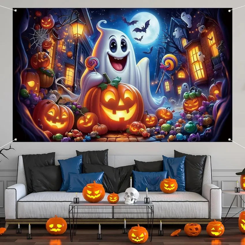 Halloween Ghost Pumpkin Backdrop Flag 71 x 43 Inch Night Moon Banner for Party Home Wall Decoration