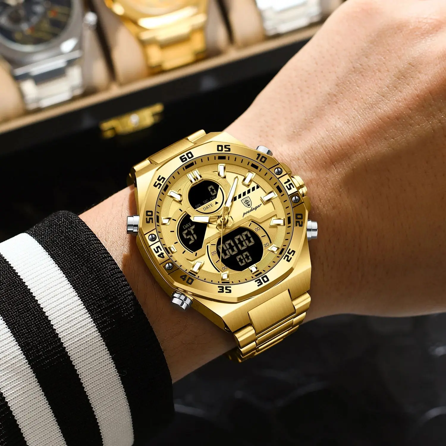 POEDAGAR Top Quartz Men Clock LED Luminous Waterproof Week Date Man Watch Stainless Steel Fashion Military Digital Men's Watches