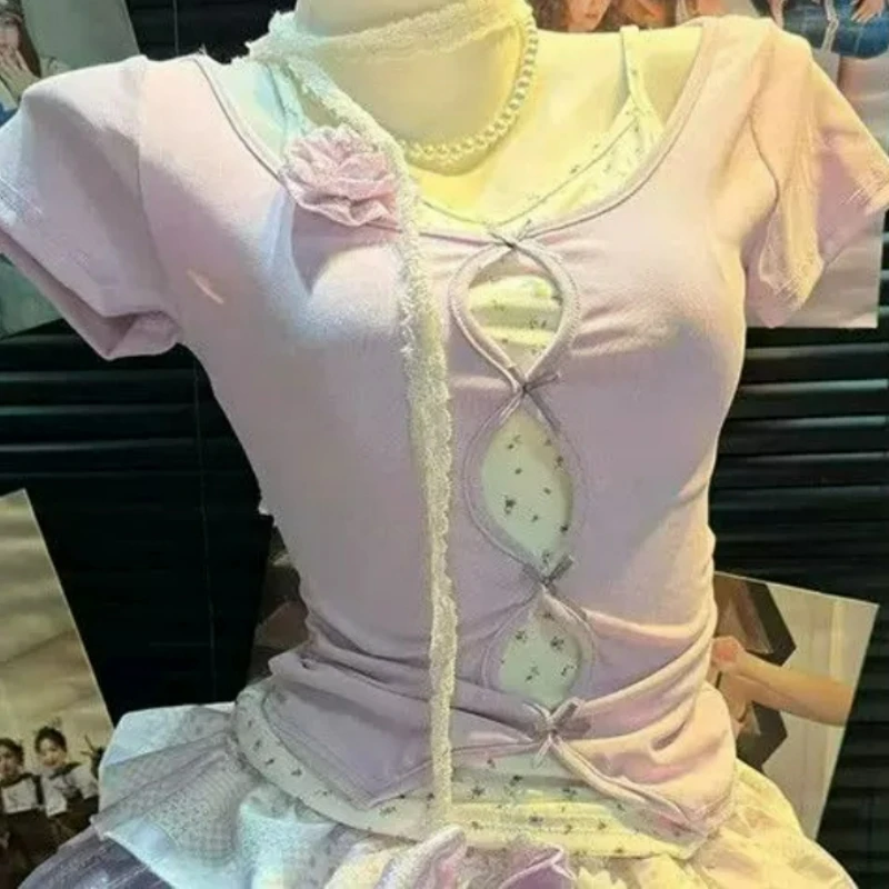 Japanese Original Design Sweet Purple Bow Women's Fake Two-piece Top 2026 Summer New Cute Y2k Age-reducing Cake Skirt Set Female