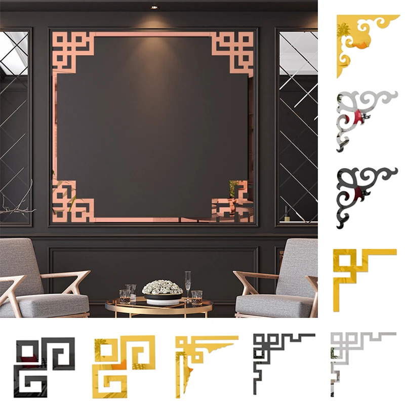 4Pcs Acrylic Mirror Stickers Geometry Wall Corner Edge Strip Golden Self-Adhesive Borders Sticker DIY Wall Decal Room Home Decor