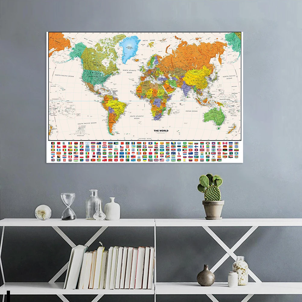 150x100cm The World Physical Map with Flag for Education and Culture Non-woven Spray World Map Painting Home Decoration