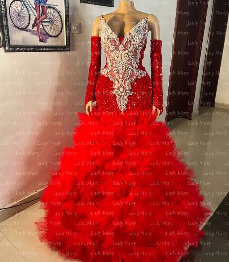 

Роскошные красные платья для выпускного вечера с оборками Shinny Crystal Rich Black Girls Pageant Party Gowns Vestido De Graduación с перчатками по индивидуальному заказу