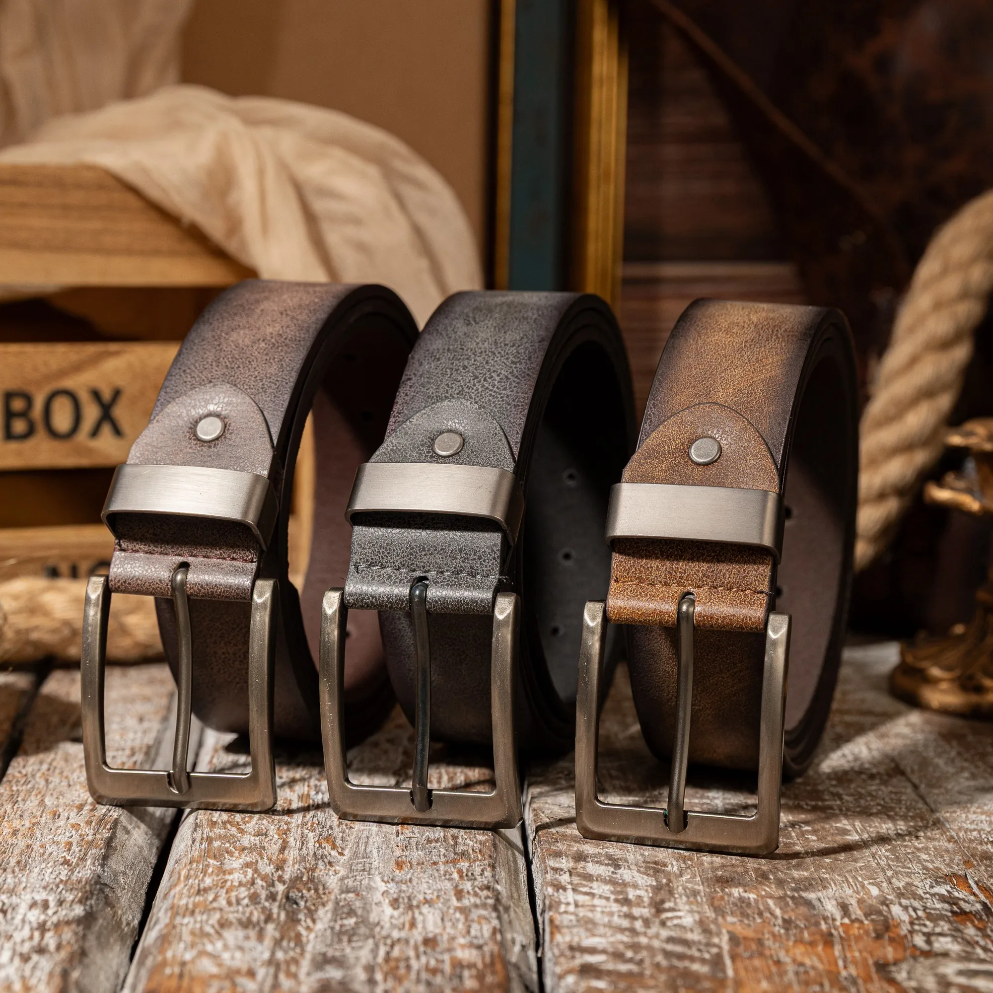 Smooth square pin buckle metal ring, retro faux vintage matte PU leather, unisex belt
