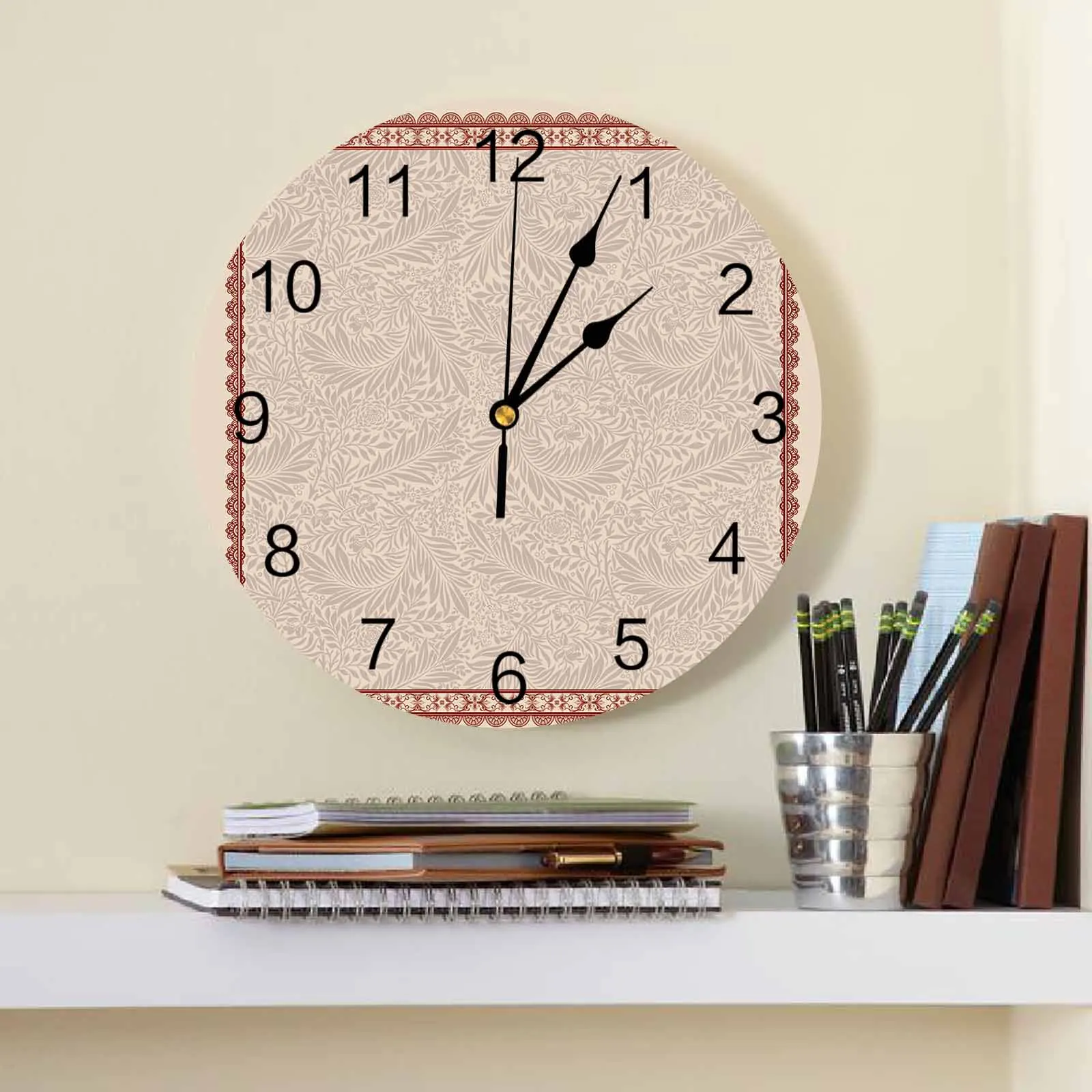 

Leaf Retro Pattern Red Wall Clock Large Modern Kitchen Dinning Round Wall Clocks Bedroom Silent Hanging Watch