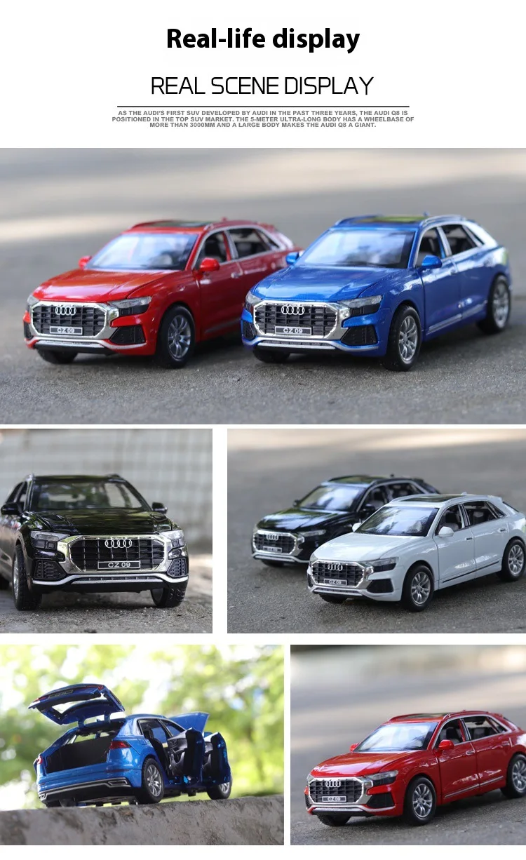 1:32 AUDI Q8 R8 RS7 RS6 E-tron W25K Alloy Car Model Simulation Metal Toy Vehicles Car Model Sound and Light Collection Toy Gift