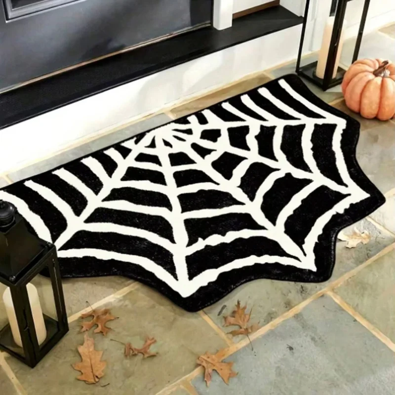 VIKAMA Black Bat Shaped Fluffy Bath Mat Gothic Solid Color Non Slip Water Absorbent Halloween Bedroom Front Door Decor Rug