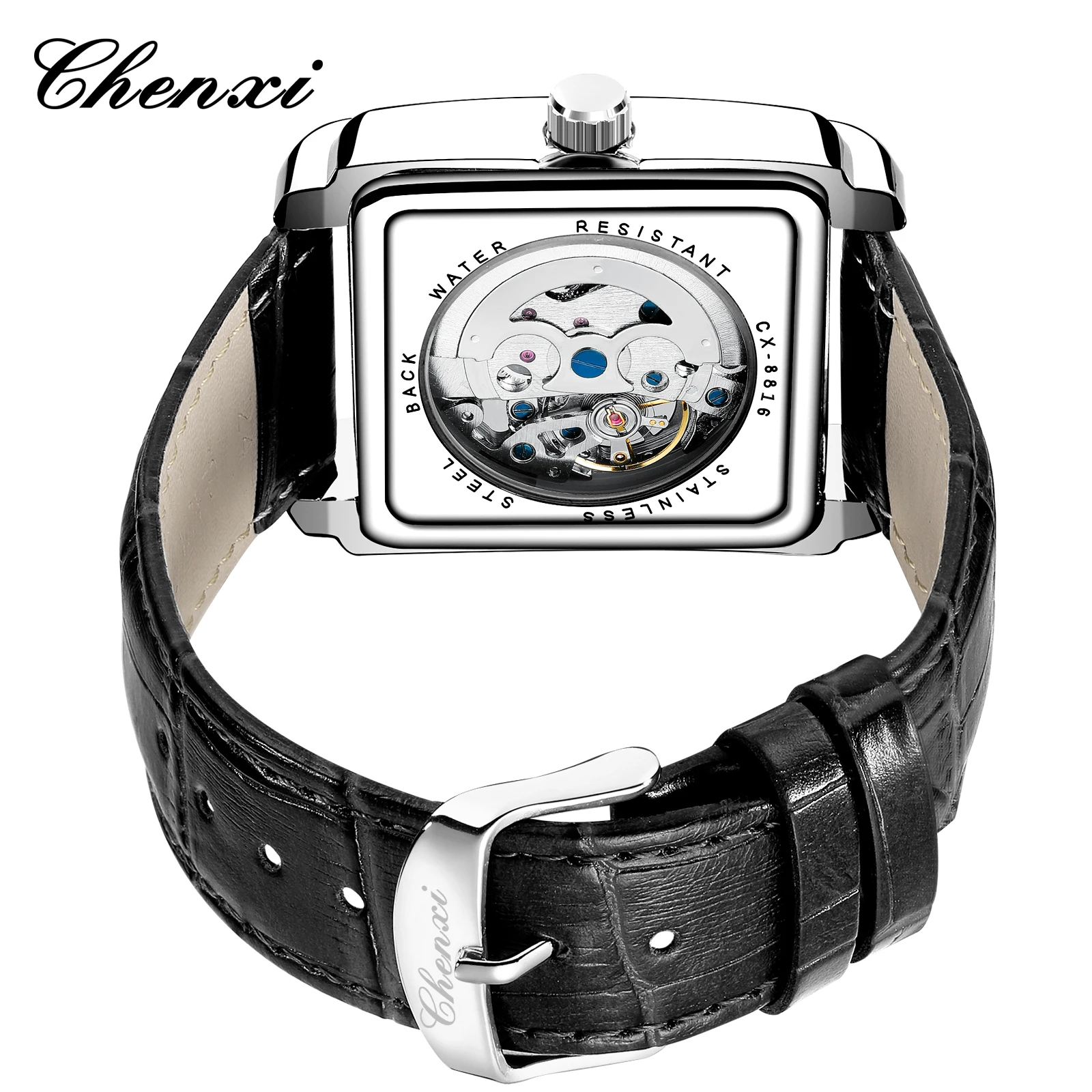 CHENXI Automatic Mechanical Men Watch Roman Numeral Rectangle Dial Waterproof Leather Steel Band Luxury Busines Wristwatch Gift