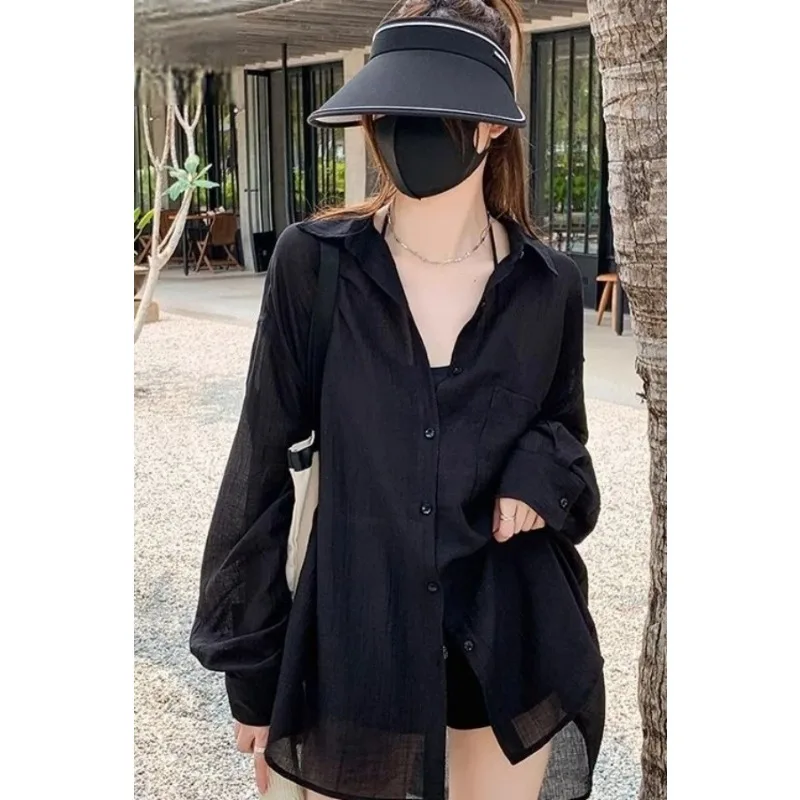

Women's Summer Ice Silk Sheer Long Sleeve Button Down Shirt UV Protection Loose Casual Blouse