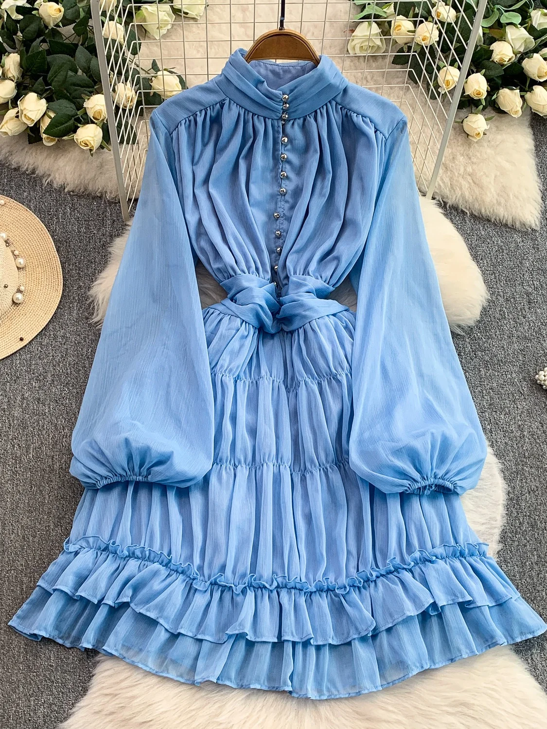 Ele Metal Bule Stand Collar largo Sve Mujer Dr Otoño Invierno gasa plisada cintura ceñida blusa Ci Commute