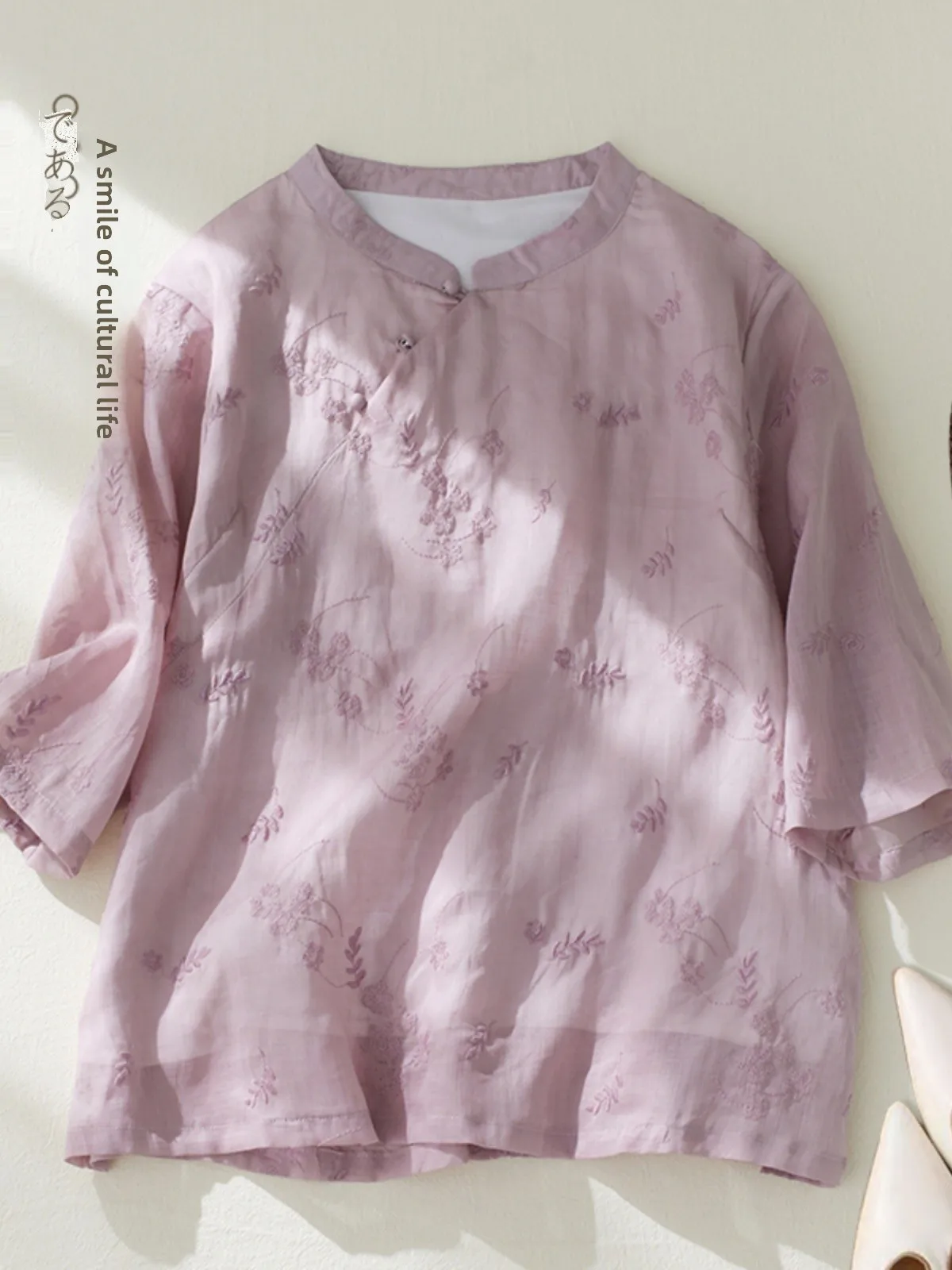

Korean Japanese Cotton Linen Shirt New Chinese Style Modified Embroidery Stand Collar Oblique Sleeve Design mid Sleeve Top