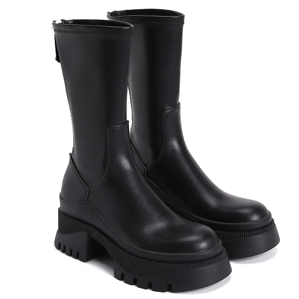 

FWRD Women Black Leather Mid-Calf Platform Boots, Elastic Side Retro Chelsea Style, Cozy Lifted Sole for FallWinter #FWRD000367