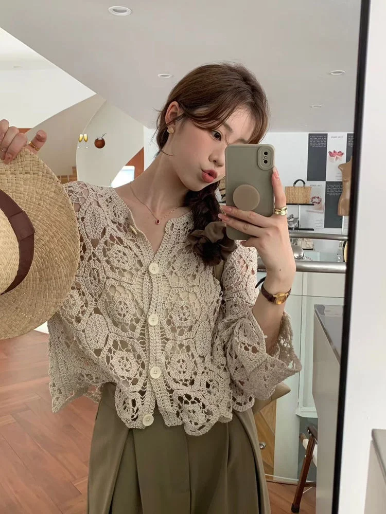 Spring Summer Short Knitted Hollow out Long Sleeve Women's Jacket Bohemian Style Open Cardigan Air Conditioning Top