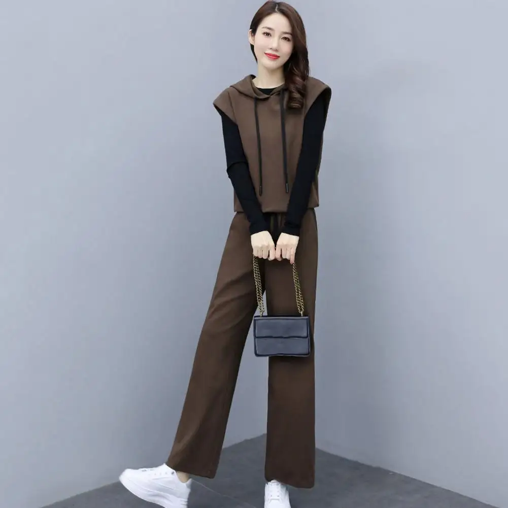 Casual Set for Women Stylish Women's Three-piece Set Black Hooded Vest Coat Elastic Waist Wide Leg Pants for Office Leisure