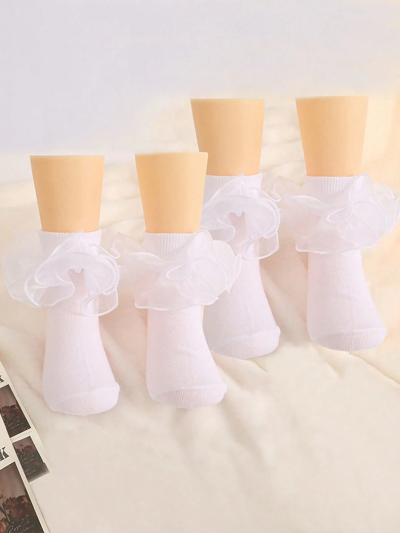 2 Pairs of Children's Ruffled Princess Short Socks, White and Black Thin Dance Socks for Girls Aged 1-12, Suitable for Daily Wear in All Seasons