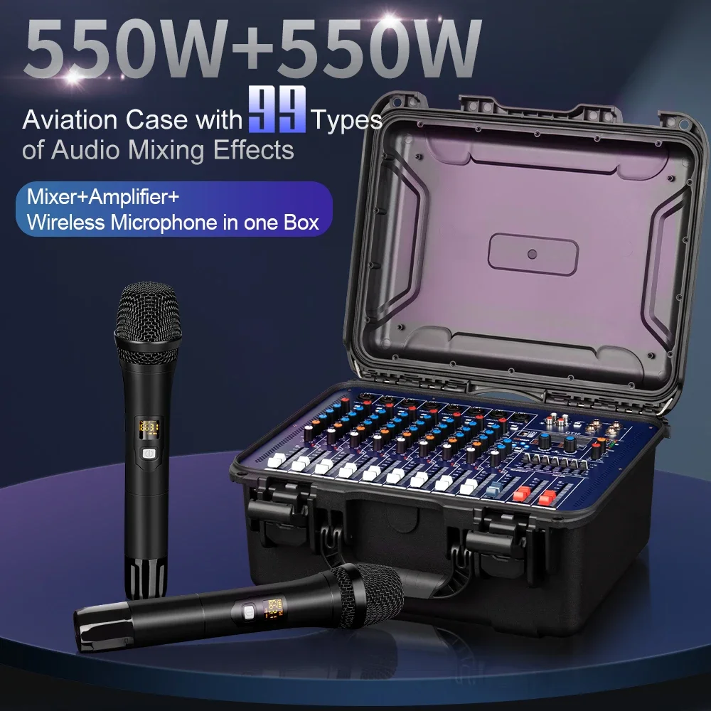 Professional Powered Audio Mixer with 2 Handheld Wireless Microphones with Aviation 8-channels Audio Power Amplifier