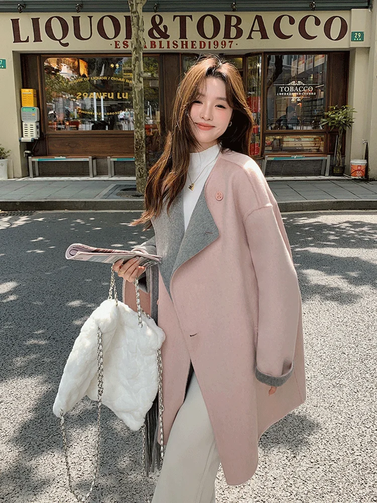 

Розовое двустороннее шерстяное пальто, женское свободное пальто, осень-зима, новый модный прямой свитер-труба, асимметричный D...