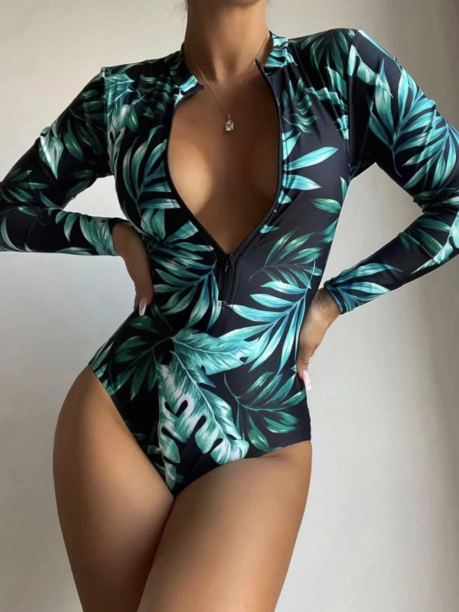 zipper Leaf Printed Swimsuit 2023 Women One Piece Long Sleeve Swimwear Female Bathers Bathing Swimming Suit Beachwear Bodysuit