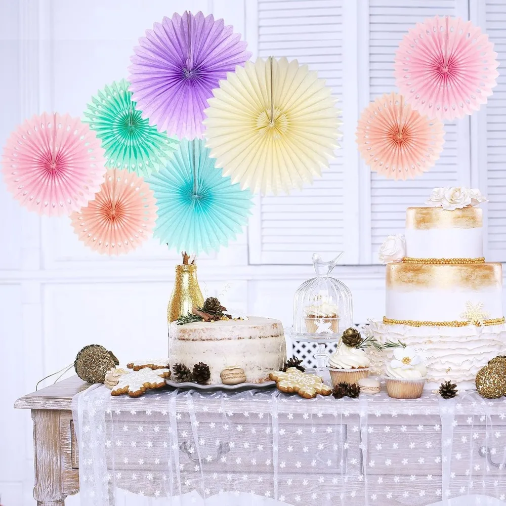 Pastel Rainbow Paper Fans Party Decorations Colorful Ice Cream Easter Macaron Wall Hanging Light Pink Blue Purple Mint Peach view 4