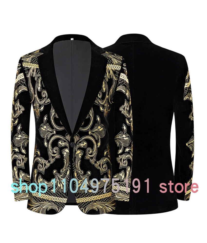 Men's black and gold embroidered velvet suit jacket, slim-fit little tuxedo party singer performance outfit. Celebrity Gowns