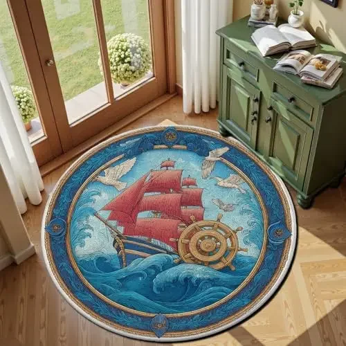 Nautical Ship Pattern Carpet Vintage Ocean Theme Home Decor Floor Cover Living Room Bedroom Study Lounge Accent Round Area Rug