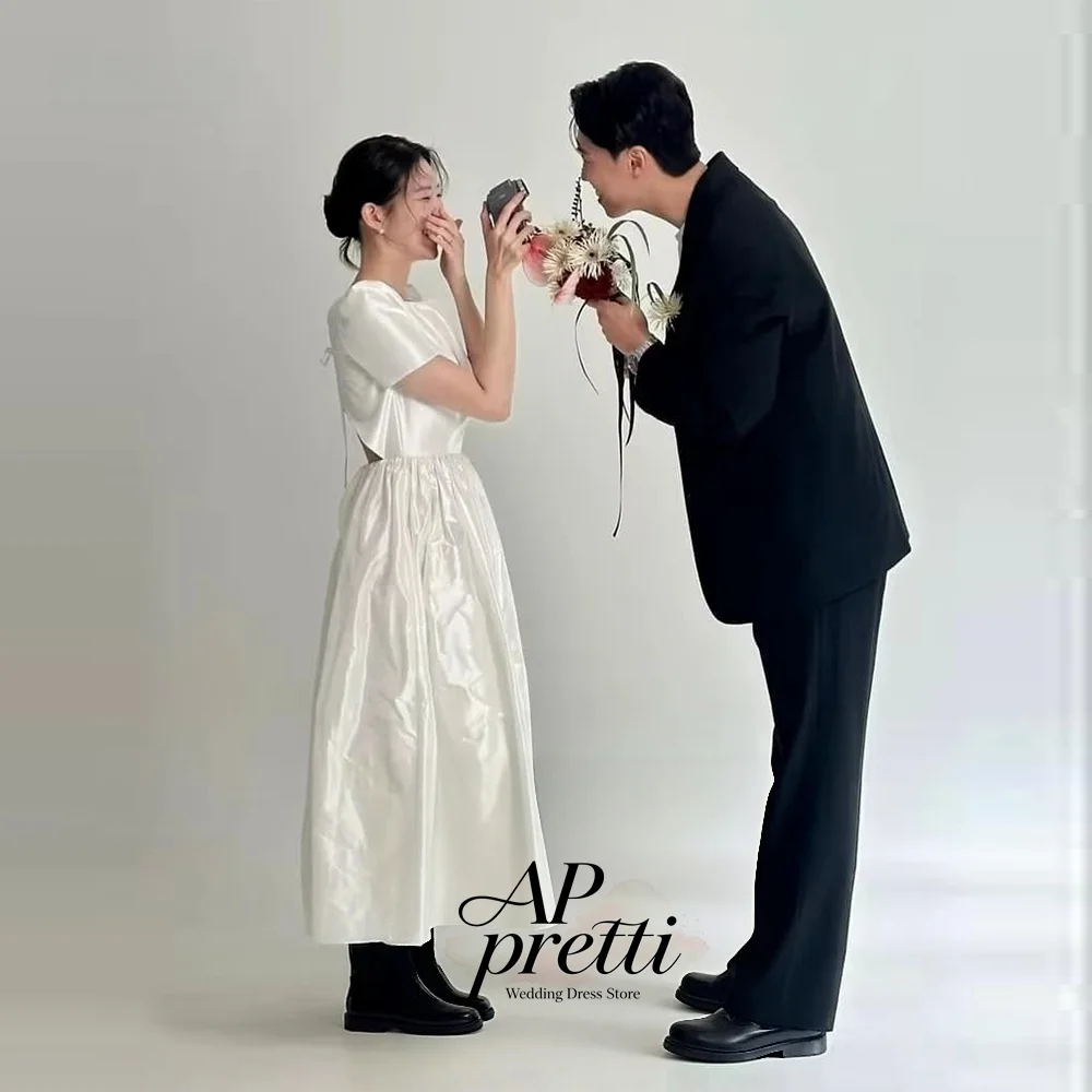 AP pretti Simple Taffeta Korea Wedding Dresses Photo Shoot O-Neck Regular Sleeve Bridal Gown A-line Customized 웨딩드레스 Tea-Length