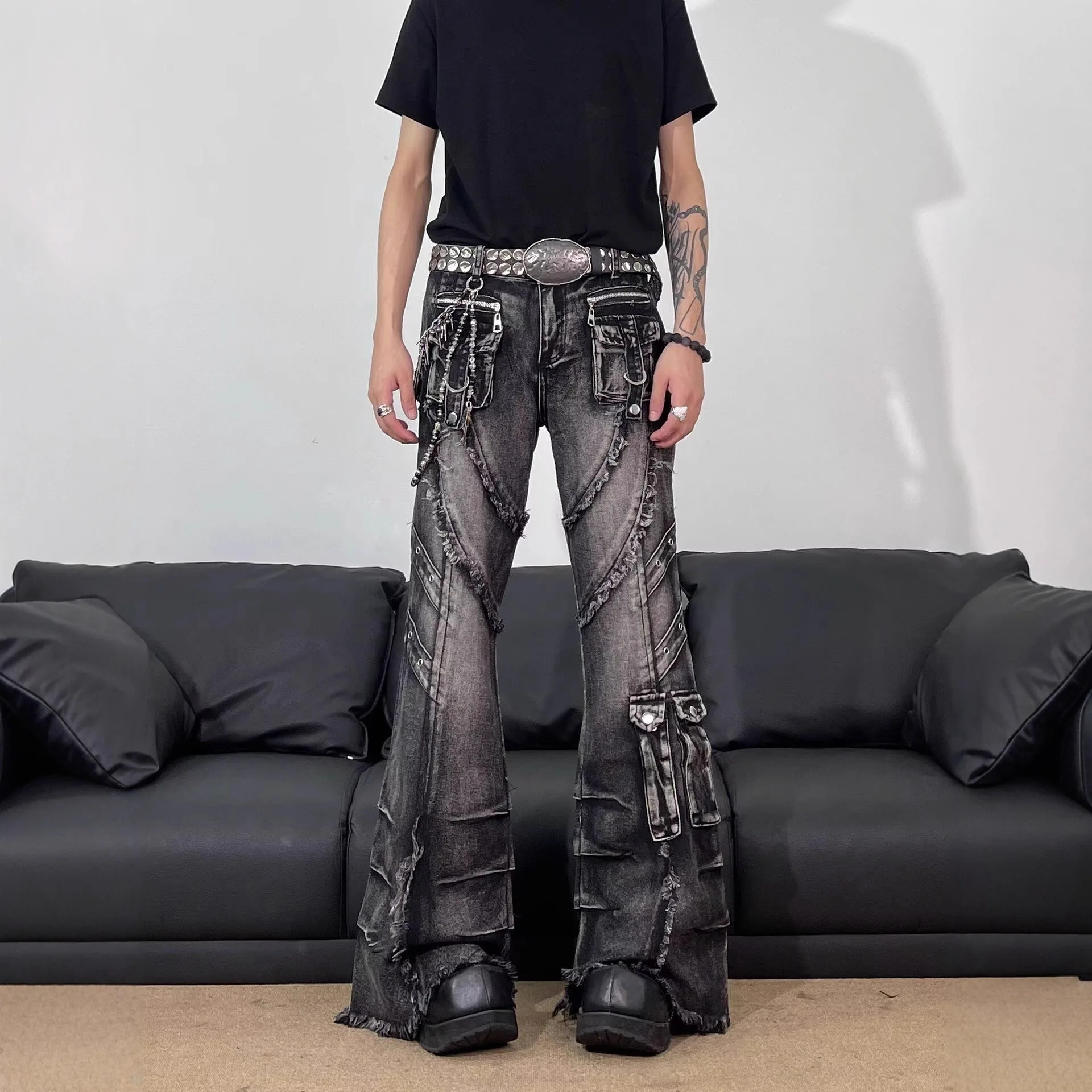 Men's Distressed Flare Cargo Jeans Vintage Washed Frayed Edge Slim Ripped Denim Pants Streetwear Y2k Black Flared Jean 2026