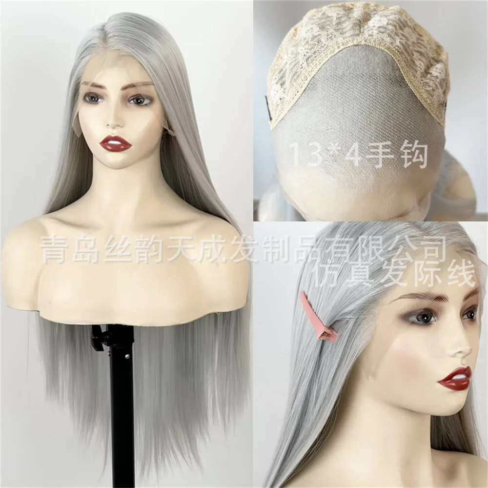 

Silver gray wig, front lace hook 13 * 4, mid split long straight hair cover, suitable for role-playing daily women's style