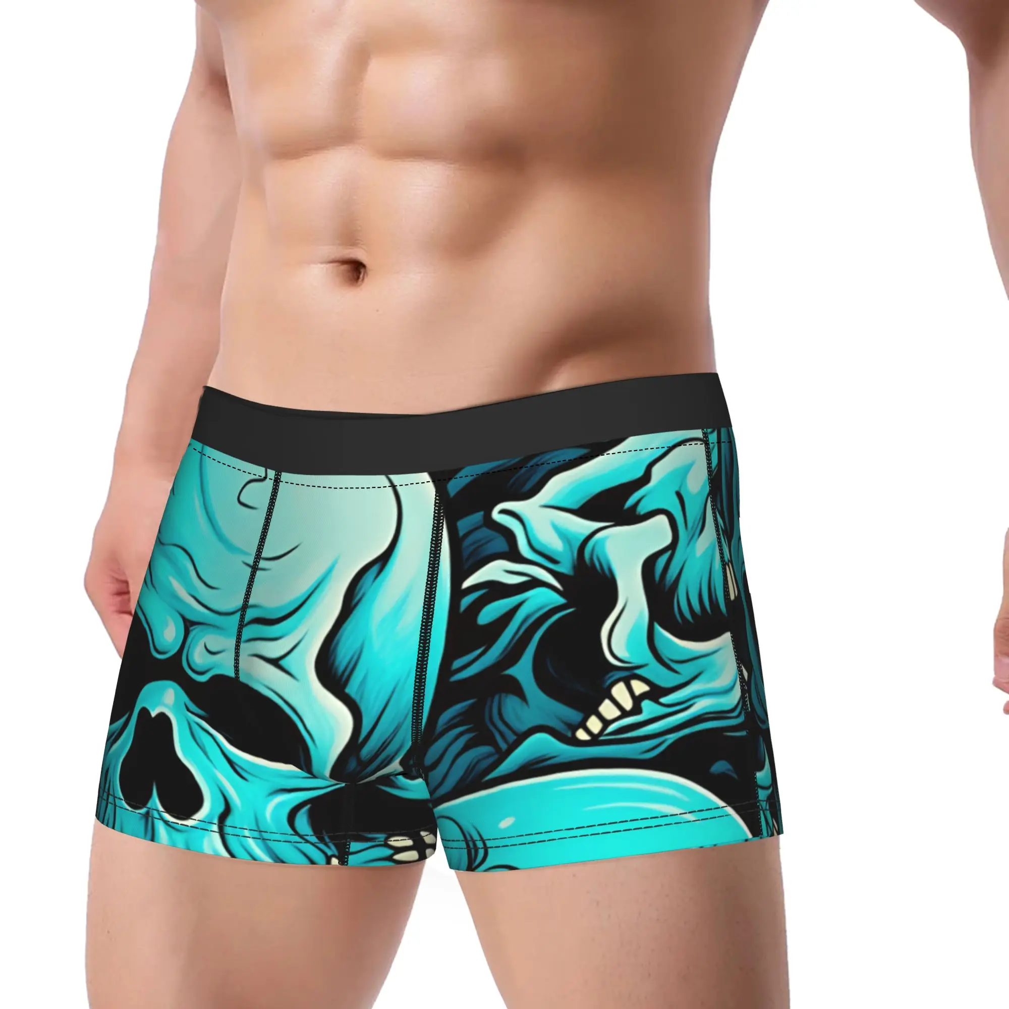 Cyan Blue Punk Style Skulls Seamless Pattern Underwear  Men Panties Design Sexy Soft Boxershorts Trenky Shorts Briefs Plus Size