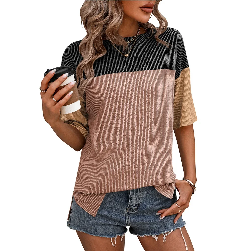 2025 Women's New Summer Top Round Neck Twisted Stripe Color Blocked Short Sleeved Loose T-shirt For Women Soft Comfy Tees Tops