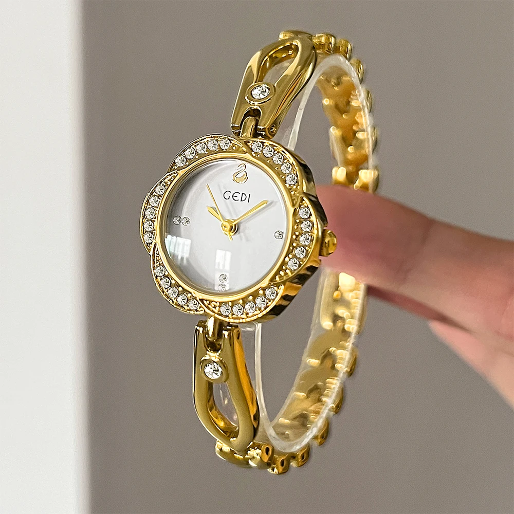GEDI 腕時計女性のためのひまわり色のダイヤルクォーツ女性の腕時計ゴールドシルバーファッションライト高級腕時計女性ギフト