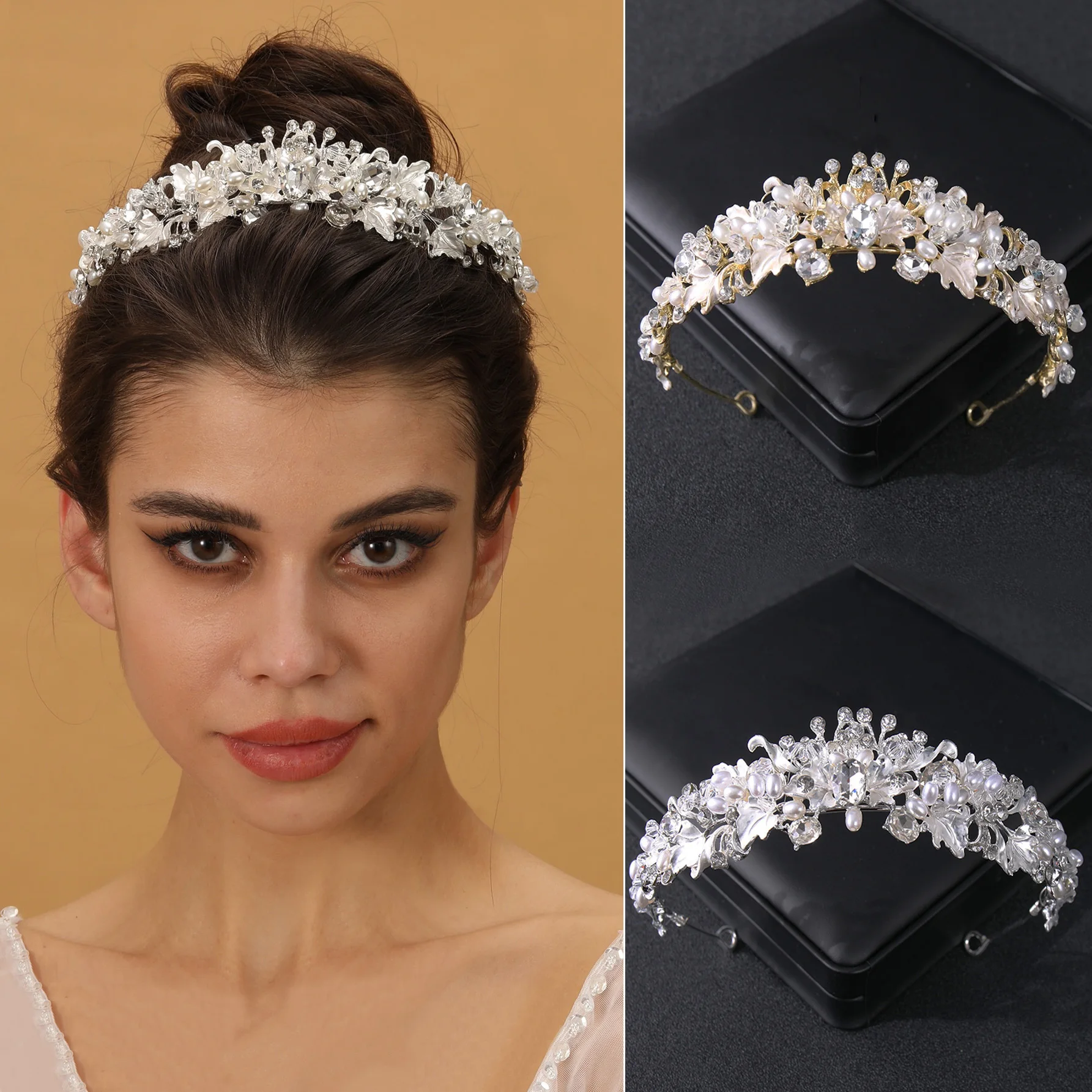 Silver color pearl crystal crown headband flower rhinestone gold tiara diadem party women bride wedding hair accessories jewelry