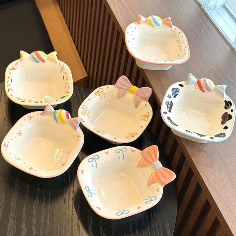 Cute Underglaze Ceramic Rice Bowl Salad Fruit Dessert Bowl High Aesthetic Value Home Use Soup Bowl Macaron Color Daily Use