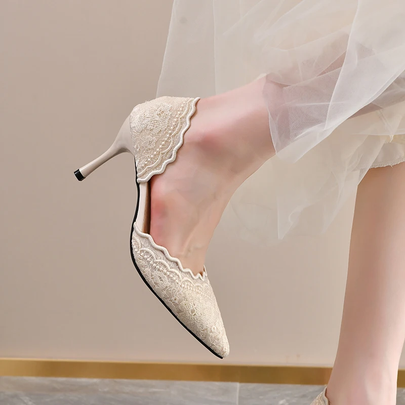 Lace Pointed Toe High Heels Women 2026 New Beautiful Stiletto French Hollow Single Shoes