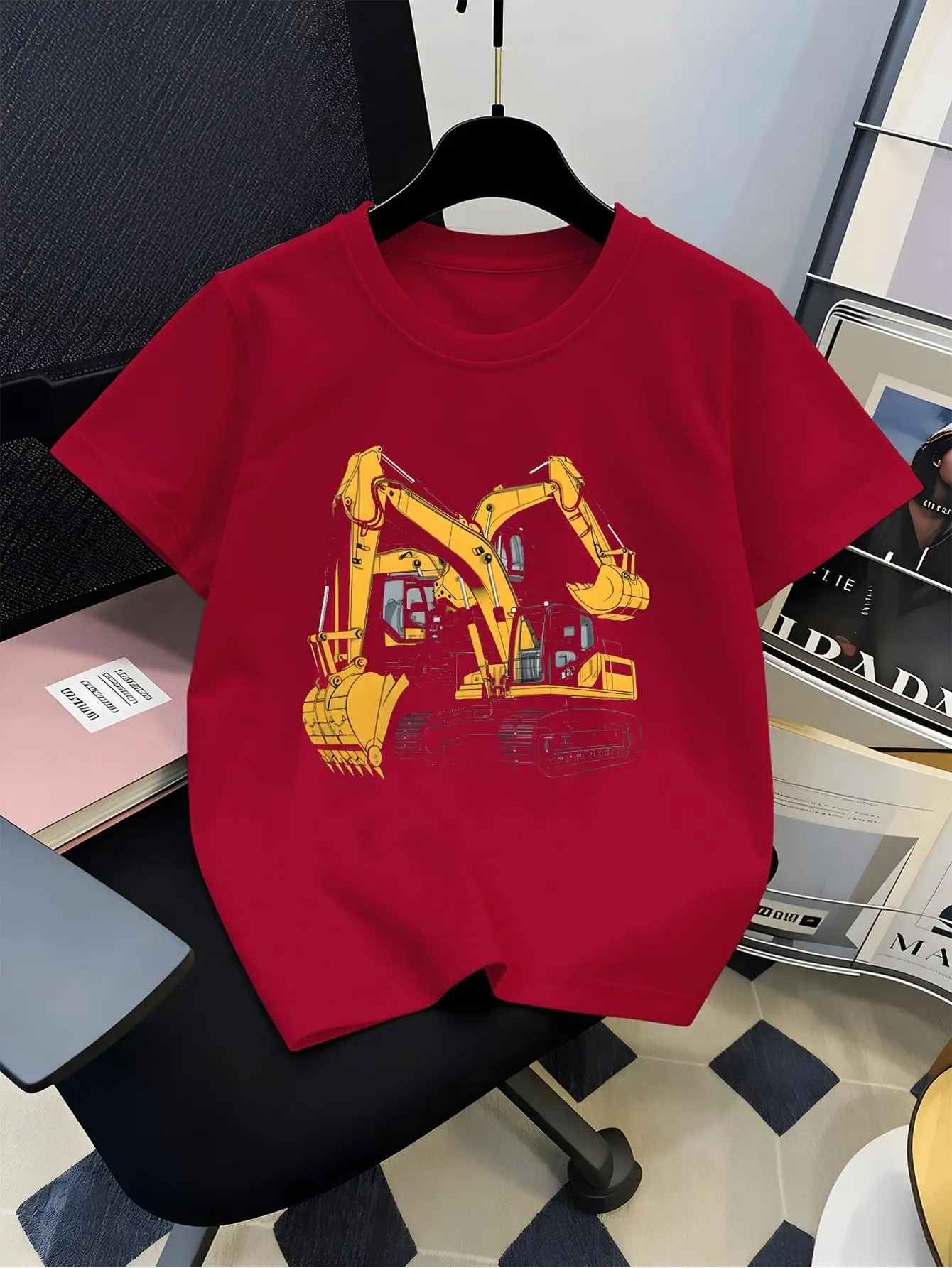 Yellow Excavator Construction Vehicle Graphic T Shirt Boys Girls Family Matching Short Sleeve Tee Parent Kids Summer Daily Tops