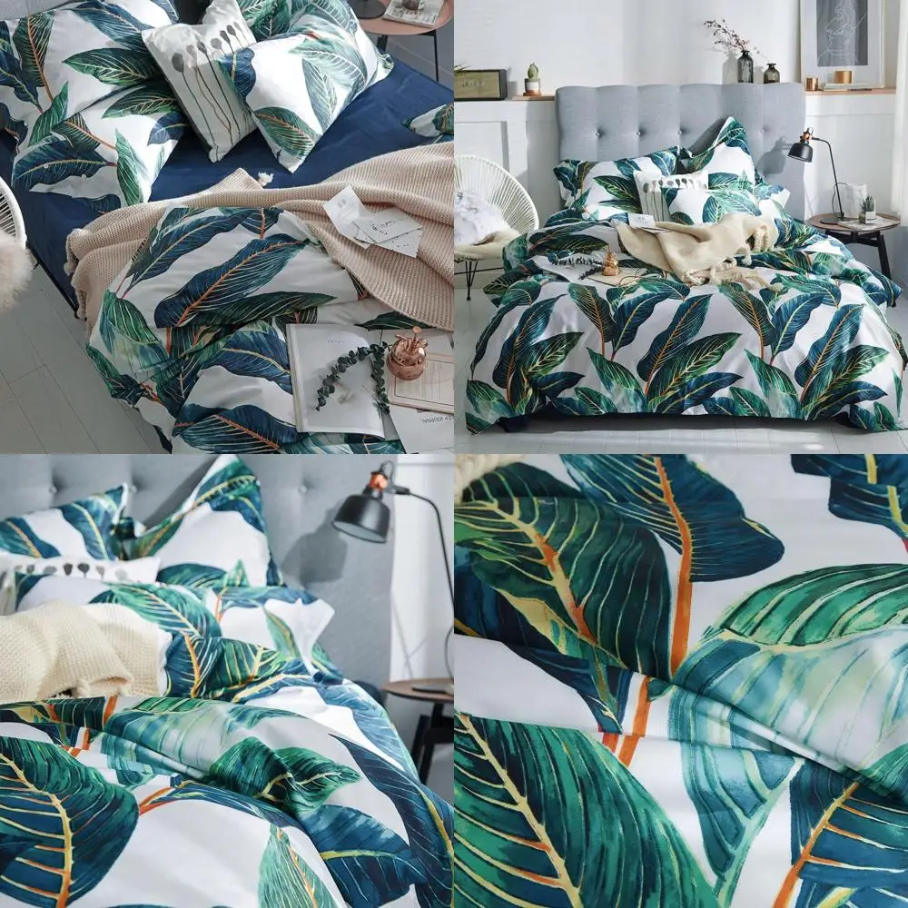 

Комплект постельного белья Queen Size из 3 предметов: хлопковое покрывало с зелеными тропическими пальмами и застежкой-молнией