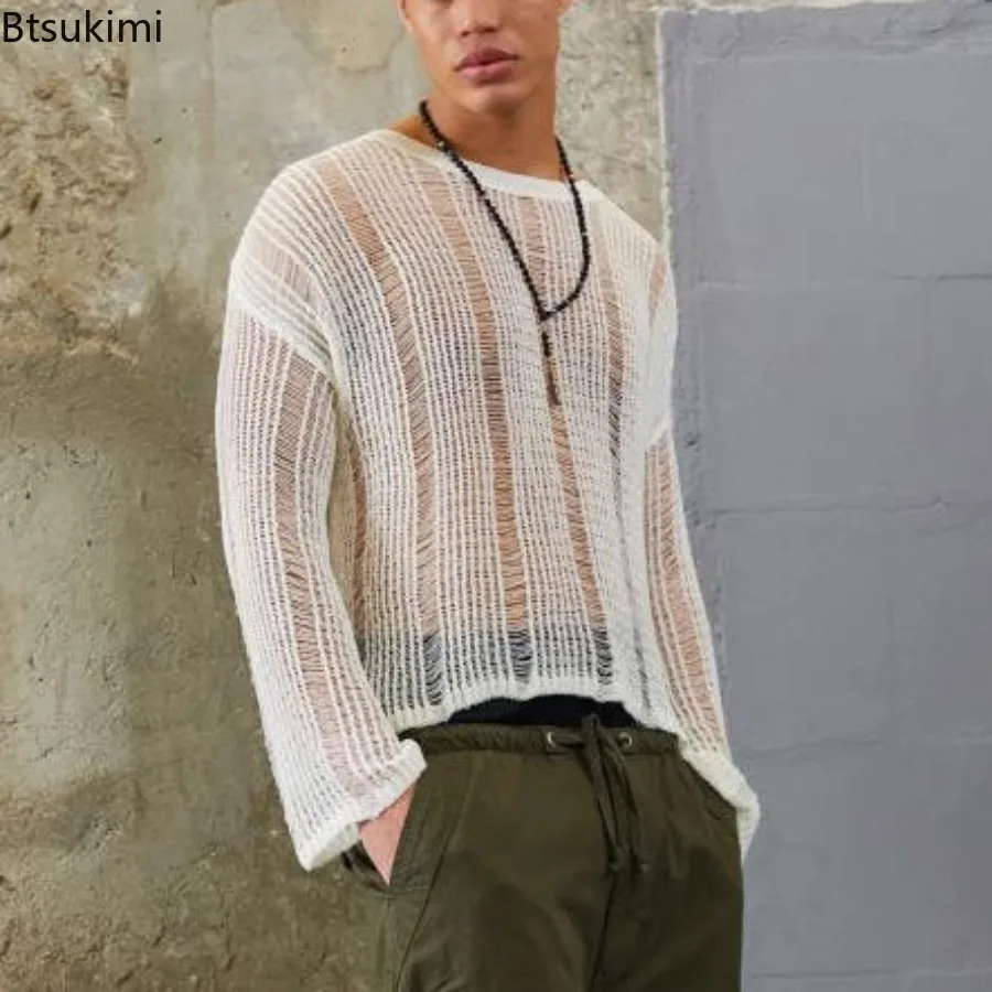 Men's Spring Autumn Sweater Woven Solid Color Mesh Sweater Knit Loose T-Shirt Long Sleeve Sexy T-shirt Fashionable Versatile Top