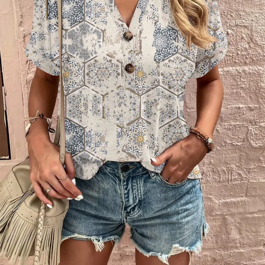 

Spring Summer Women's Fashion Short Sleeve Twist Button Printed Top European American Style Trade Wish